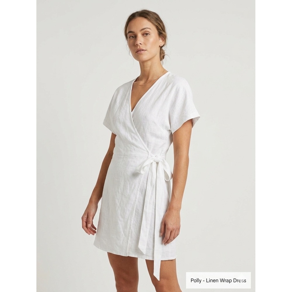 Polly‎ Linen Wrap Dress Womens 2 White Excellent Summer Mini Cotton Blend
